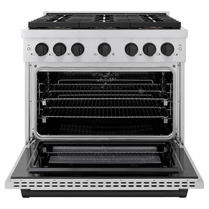 ZLINE Autograph Edition 36 in. 5.2 cu. ft. Paramount Dual Fuel Range with 6 Burner DuoPro™ Cooktop and Electric Convection Oven in Stainless Steel and Matte Black Accents (PSDRZ-36-MB) front, oven open.