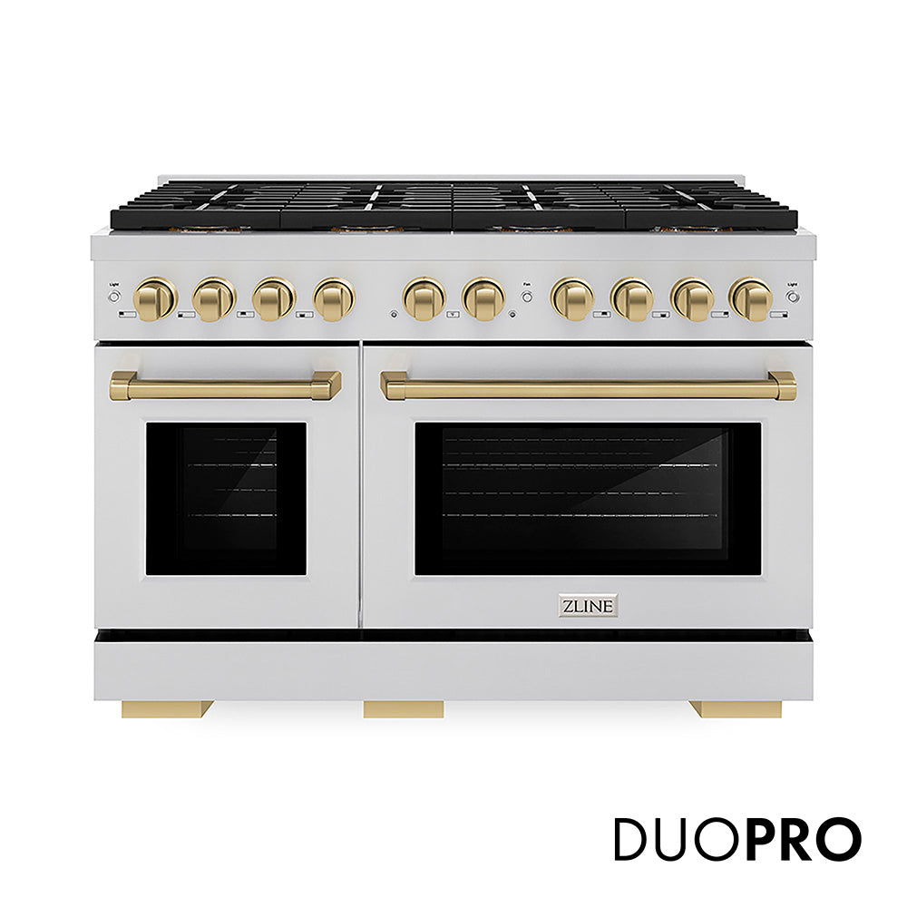 ZLINE Autograph Edition 48 in. 6.7 cu. ft. Paramount Dual Fuel Range with 8 Burner DuoPro™ Cooktop and Dual Ovens in Stainless Steel and Champagne Bronze Accents (PSDRZ-48-CB) front, with DuoPro™ logo.