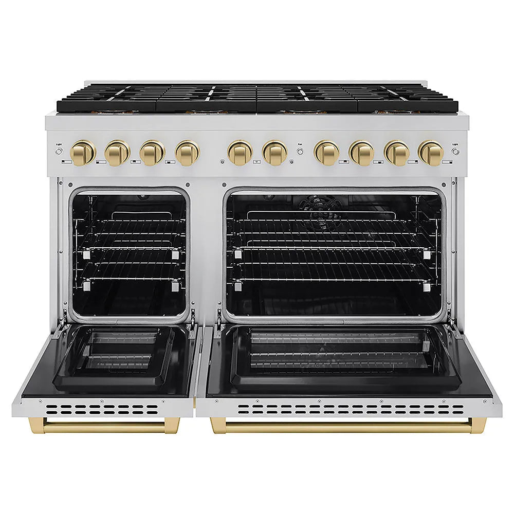 ZLINE Autograph Edition 48 in. 6.7 cu. ft. Paramount Dual Fuel Range with 8 Burner DuoPro™ Cooktop and Dual Ovens in Stainless Steel and Champagne Bronze Accents (PSDRZ-48-CB) front, oven open.