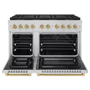 ZLINE Autograph Edition 48 in. 6.7 cu. ft. Paramount Dual Fuel Range with 8 Burner DuoPro™ Cooktop and Dual Ovens in Stainless Steel and Champagne Bronze Accents (PSDRZ-48-CB) front, oven open.