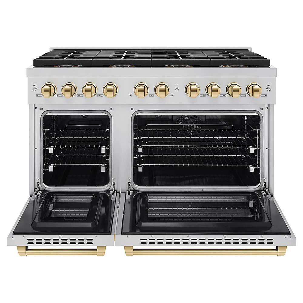 ZLINE Autograph Edition 48 in. 6.7 cu. ft. Paramount Dual Fuel Range with 8 Burner DuoPro™ Cooktop and Dual Ovens in Stainless Steel and Polished Gold Accents (PSDRZ-48-G) front, oven open.