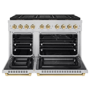 ZLINE Autograph Edition 48 in. 6.7 cu. ft. Paramount Dual Fuel Range with 8 Burner DuoPro™ Cooktop and Dual Ovens in Stainless Steel and Polished Gold Accents (PSDRZ-48-G) front, oven open.