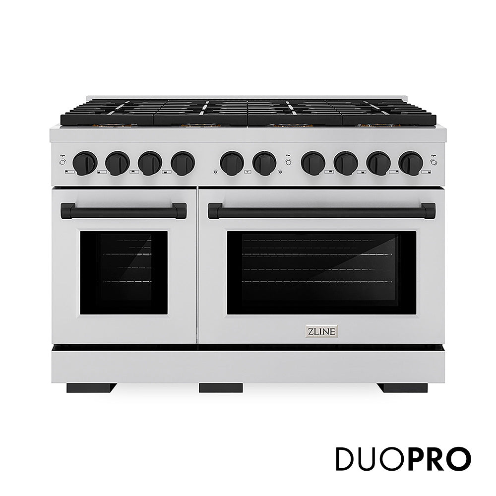 ZLINE Autograph Edition 48 in. 6.7 cu. ft. Paramount Dual Fuel Range with 8 Burner DuoPro™ Cooktop and Dual Ovens in Stainless Steel and Matte Black Accents (PSDRZ-48-MB) front, with DuoPro™ logo.