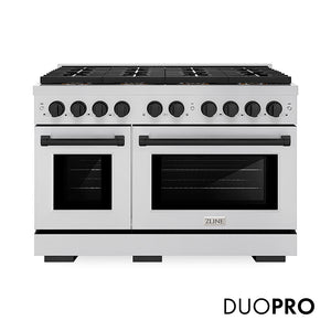 ZLINE Autograph Edition 48 in. 6.7 cu. ft. Paramount Dual Fuel Range with 8 Burner DuoPro™ Cooktop and Dual Ovens in Stainless Steel and Matte Black Accents (PSDRZ-48-MB) front, with DuoPro™ logo.