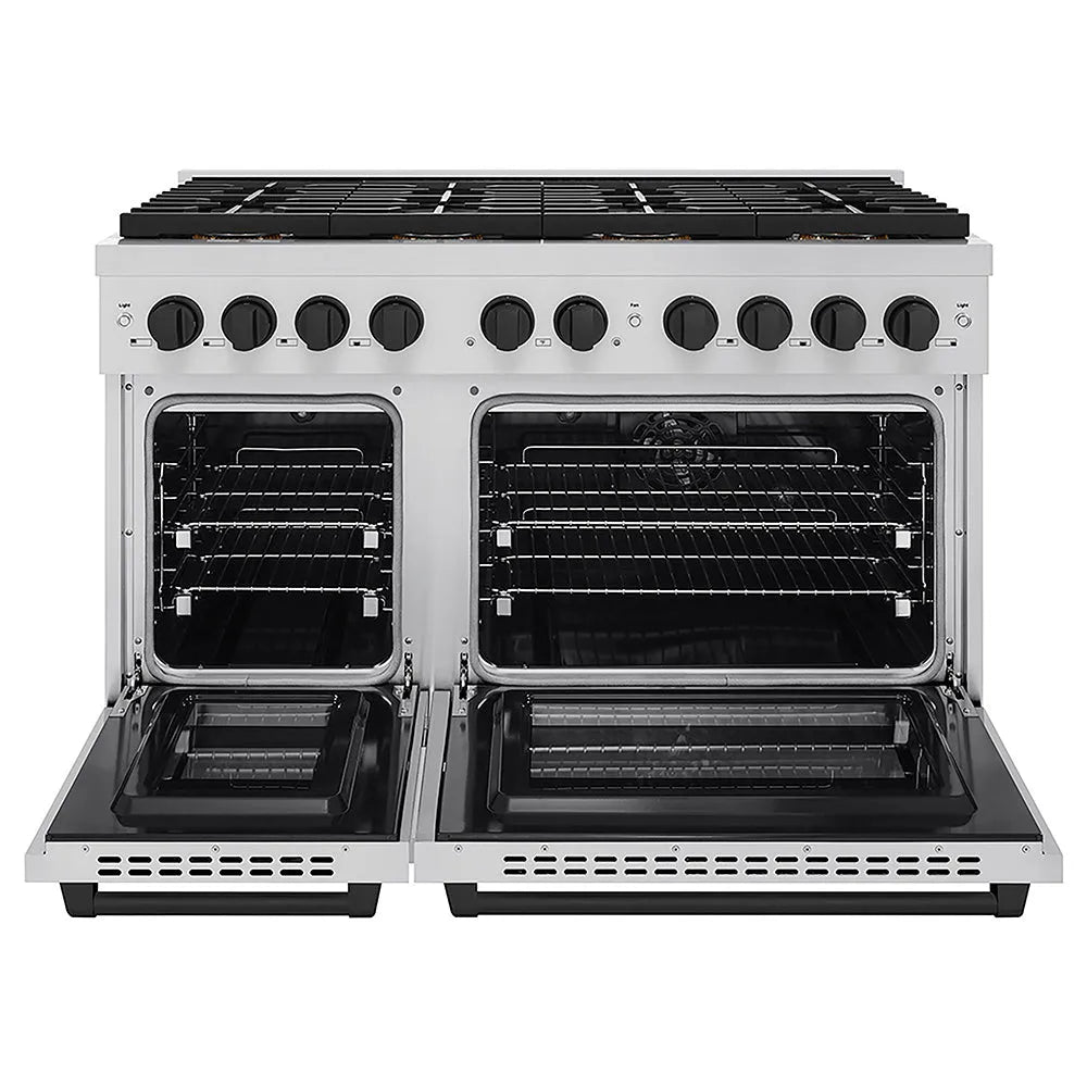 ZLINE Autograph Edition 48 in. 6.7 cu. ft. Paramount Dual Fuel Range with 8 Burner DuoPro™ Cooktop and Dual Ovens in Stainless Steel and Matte Black Accents (PSDRZ-48-MB) front, oven open.