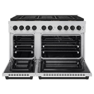 ZLINE Autograph Edition 48 in. 6.7 cu. ft. Paramount Dual Fuel Range with 8 Burner DuoPro™ Cooktop and Dual Ovens in Stainless Steel and Matte Black Accents (PSDRZ-48-MB) front, oven open.