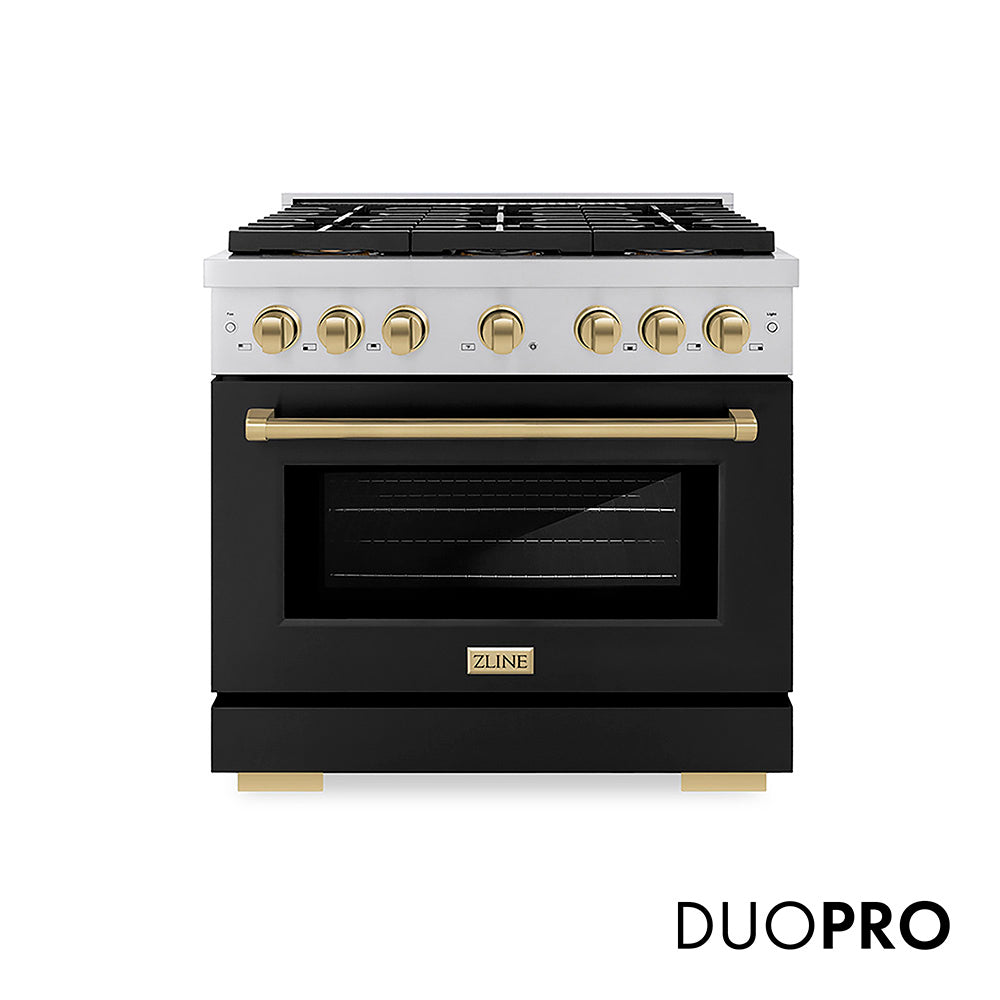 ZLINE Autograph Edition 36 in. 5.2 cu. ft. Paramount Dual Fuel Range with 6 Burner DuoPro™ Cooktop and Electric Convection Oven with Black Matte Door and Champagne Bronze Accents (PSDRZ-BLM-36-CB) front, with DuoPro™ logo.