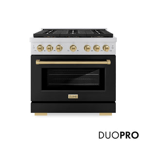 ZLINE Autograph Edition 36 in. 5.2 cu. ft. Paramount Dual Fuel Range with 6 Burner DuoPro™ Cooktop and Electric Convection Oven with Black Matte Door and Champagne Bronze Accents (PSDRZ-BLM-36-CB) front, with DuoPro™ logo.