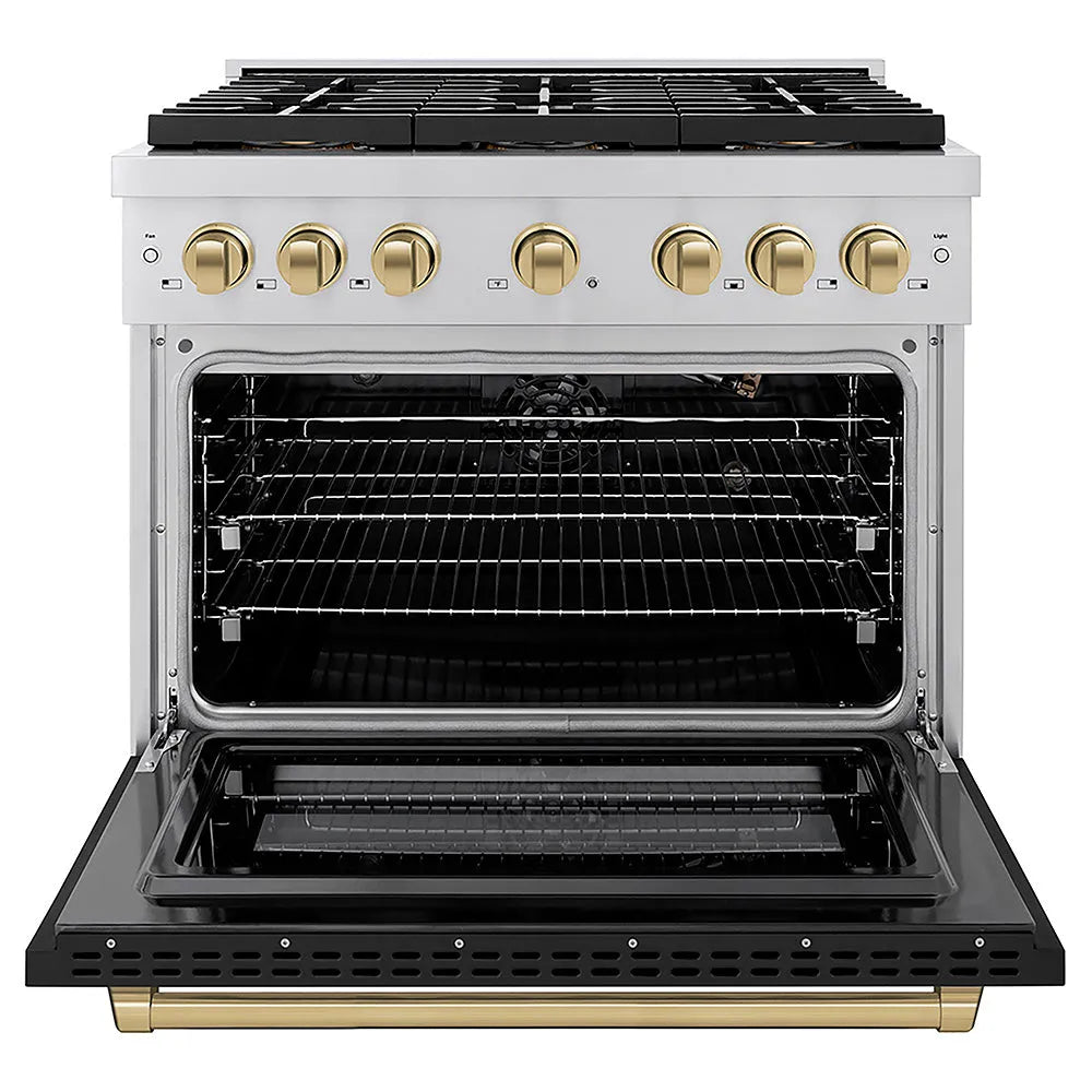 ZLINE Autograph Edition 36 in. 5.2 cu. ft. Paramount Dual Fuel Range with 6 Burner DuoPro™ Cooktop and Electric Convection Oven with Black Matte Door and Champagne Bronze Accents (PSDRZ-BLM-36-CB) front, oven open.