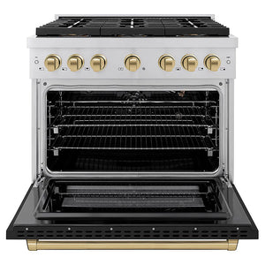 ZLINE Autograph Edition 36 in. 5.2 cu. ft. Paramount Dual Fuel Range with 6 Burner DuoPro™ Cooktop and Electric Convection Oven with Black Matte Door and Champagne Bronze Accents (PSDRZ-BLM-36-CB) front, oven open.