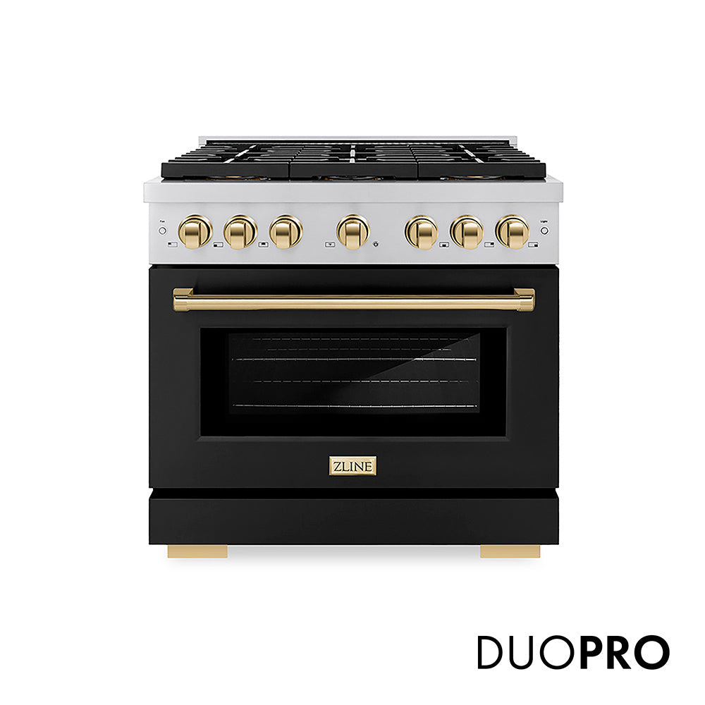 ZLINE Autograph Edition 36 in. 5.2 cu. ft. Paramount Dual Fuel Range with 6 Burner DuoPro™ Cooktop and Electric Convection Oven with Black Matte Door and Polished Gold Accents (PSDRZ-BLM-36-G) front, with DuoPro™ logo.