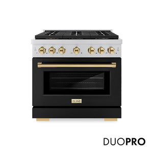 ZLINE Autograph Edition 36 in. 5.2 cu. ft. Paramount Dual Fuel Range with 6 Burner DuoPro™ Cooktop and Electric Convection Oven with Black Matte Door and Polished Gold Accents (PSDRZ-BLM-36-G) front, with DuoPro™ logo.