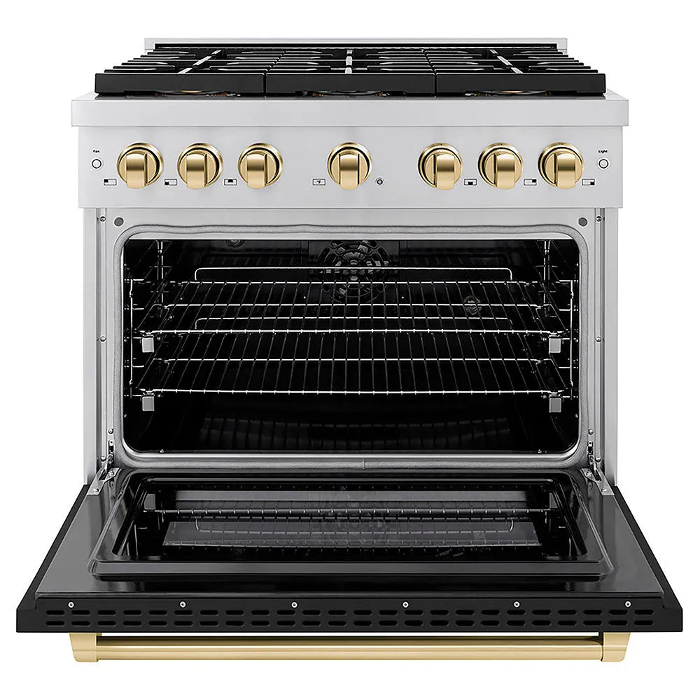 ZLINE Autograph Edition 36 in. 5.2 cu. ft. Paramount Dual Fuel Range with 6 Burner DuoPro™ Cooktop and Electric Convection Oven with Black Matte Door and Polished Gold Accents (PSDRZ-BLM-36-G) front, oven open.