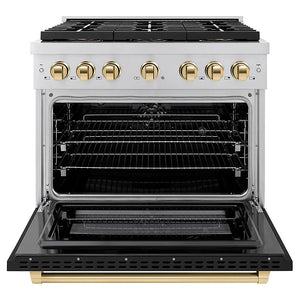 ZLINE Autograph Edition 36 in. 5.2 cu. ft. Paramount Dual Fuel Range with 6 Burner DuoPro™ Cooktop and Electric Convection Oven with Black Matte Door and Polished Gold Accents (PSDRZ-BLM-36-G) front, oven open.