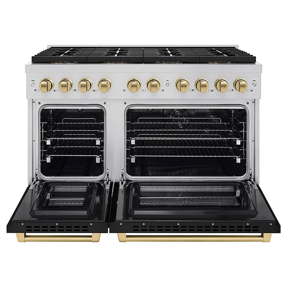 ZLINE Autograph Edition 48 in. 6.7 cu. ft. Paramount Dual Fuel Range with 8 Burner DuoPro™ Cooktop and Dual Ovens with Black Matte Doors and Champagne Bronze Accents (PSDRZ-BLM-48-CB) front, oven open.