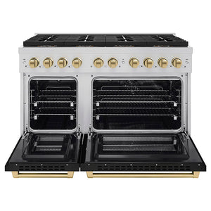 ZLINE Autograph Edition 48 in. 6.7 cu. ft. Paramount Dual Fuel Range with 8 Burner DuoPro™ Cooktop and Dual Ovens with Black Matte Doors and Champagne Bronze Accents (PSDRZ-BLM-48-CB) front, oven open.