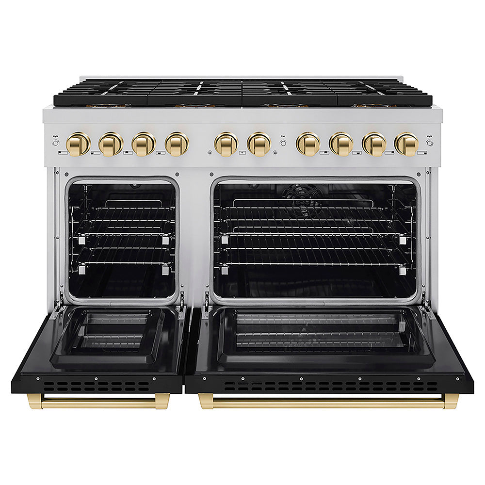 ZLINE Autograph Edition 48 in. 6.7 cu. ft. Paramount Dual Fuel Range with 8 Burner DuoPro™ Cooktop and Dual Ovens with Black Matte Doors and Polished Gold Accents (PSDRZ-BLM-48-G) front, oven open.