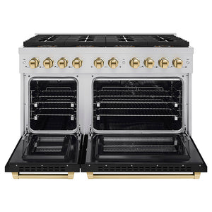 ZLINE Autograph Edition 48 in. 6.7 cu. ft. Paramount Dual Fuel Range with 8 Burner DuoPro™ Cooktop and Dual Ovens with Black Matte Doors and Polished Gold Accents (PSDRZ-BLM-48-G) front, oven open.
