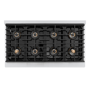 ZLINE Autograph Edition 48 in. 6.7 cu. ft. Paramount Dual Fuel Range with 8 Burner DuoPro™ Cooktop and Dual Ovens with Black Matte Doors and Polished Gold Accents (PSDRZ-BLM-48-G) top-down, above cooktop.