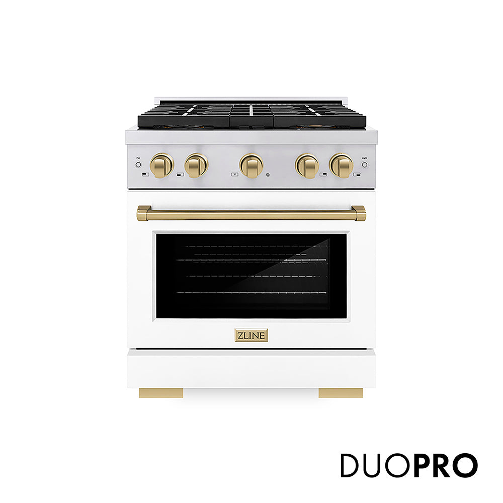 ZLINE Autograph Edition 30 in. 4.2 cu. ft. Paramount Dual Fuel Range with 4 Burner DuoPro™ Cooktop and Electric Convection Oven in Stainless Steel with White Matte Door and Champagne Bronze Accents (PSDRZ-WM-30-CB) front, with DuoPro™ logo.