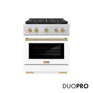 ZLINE Autograph Edition 30 in. 4.2 cu. ft. Paramount Dual Fuel Range with 4 Burner DuoPro™ Cooktop and Electric Convection Oven in Stainless Steel with White Matte Door and Champagne Bronze Accents (PSDRZ-WM-30-CB) front, with DuoPro™ logo.