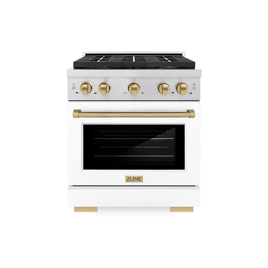 ZLINE Autograph Edition 30 in. 4.2 cu. ft. Paramount Dual Fuel Range with 4 Burner DuoPro™ Cooktop and Electric Convection Oven in Stainless Steel with White Matte Door and Champagne Bronze Accents (PSDRZ-WM-30-CB)