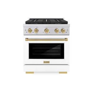 ZLINE Autograph Edition 30 in. 4.2 cu. ft. Paramount Dual Fuel Range with 4 Burner DuoPro™ Cooktop and Electric Convection Oven in Stainless Steel with White Matte Door and Champagne Bronze Accents (PSDRZ-WM-30-CB)