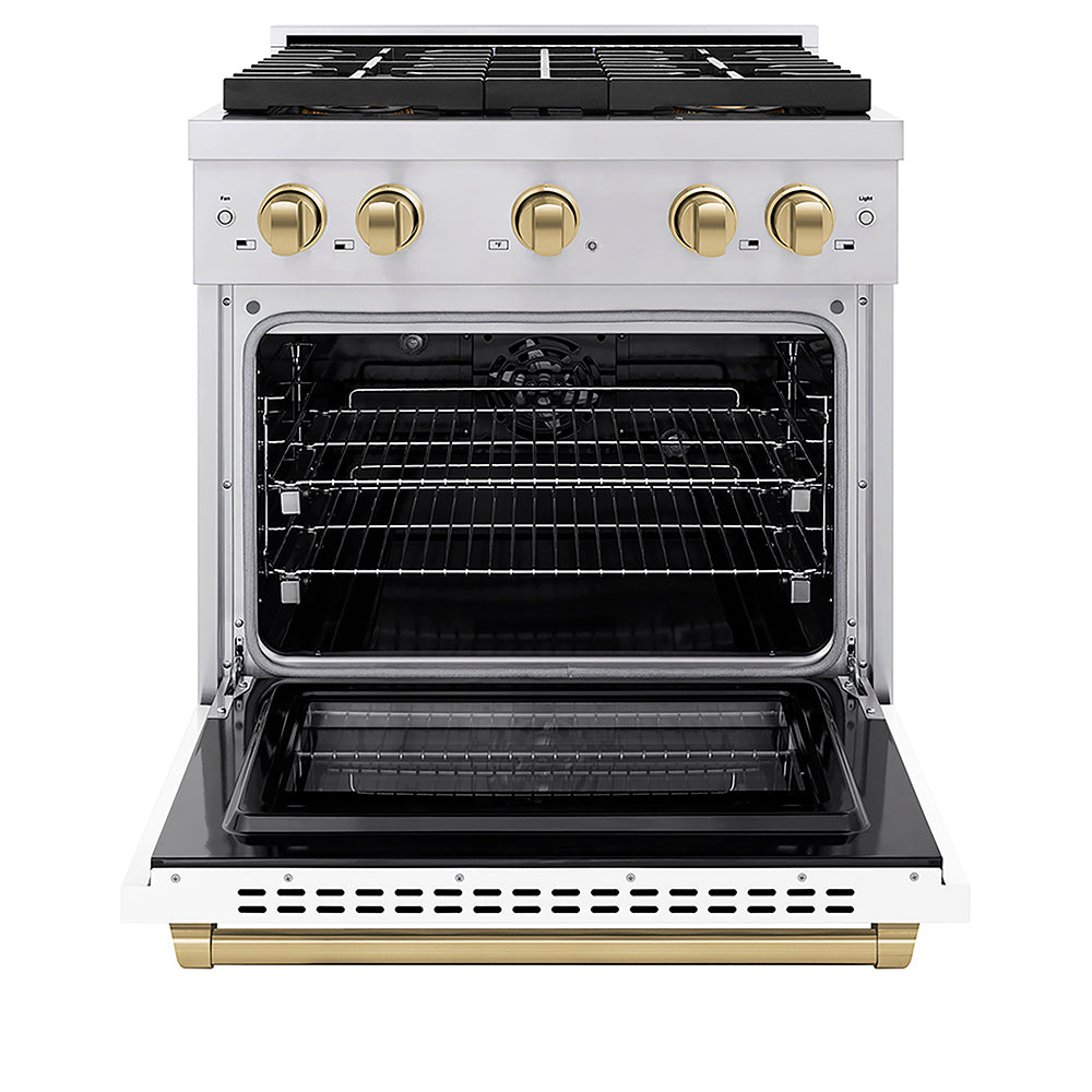 ZLINE Autograph Edition 30 in. 4.2 cu. ft. Paramount Dual Fuel Range with 4 Burner DuoPro™ Cooktop and Electric Convection Oven in Stainless Steel with White Matte Door and Champagne Bronze Accents (PSDRZ-WM-30-CB) front, oven open.