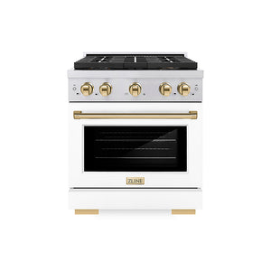 ZLINE Autograph Edition 30 in. 4.2 cu. ft. Paramount Dual Fuel Range with 4 Burner DuoPro™ Cooktop and Electric Convection Oven in Stainless Steel with White Matte Door and Polished Gold Accents (PSDRZ-WM-30-G)