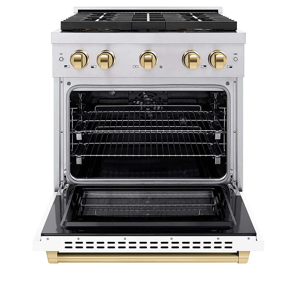 ZLINE Autograph Edition 30 in. 4.2 cu. ft. Paramount Dual Fuel Range with 4 Burner DuoPro™ Cooktop and Electric Convection Oven in Stainless Steel with White Matte Door and Polished Gold Accents (PSDRZ-WM-30-G) front, oven open.