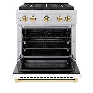 ZLINE Autograph Edition 30 in. 4.2 cu. ft. Paramount Dual Fuel Range with 4 Burner DuoPro™ Cooktop and Electric Convection Oven in Stainless Steel with White Matte Door and Polished Gold Accents (PSDRZ-WM-30-G) front, oven open.