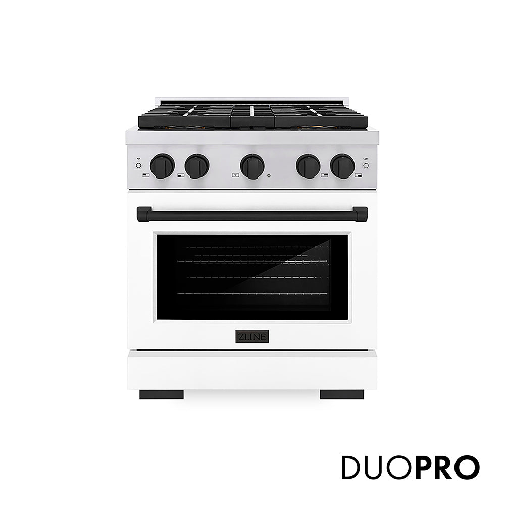 ZLINE Autograph Edition 30 in. 4.2 cu. ft. Paramount Dual Fuel Range with 4 Burner DuoPro™ Cooktop and Electric Convection Oven in Stainless Steel with White Matte Door and Matte Black Accents (PSDRZ-WM-30-MB) front, with DuoPro™ logo.