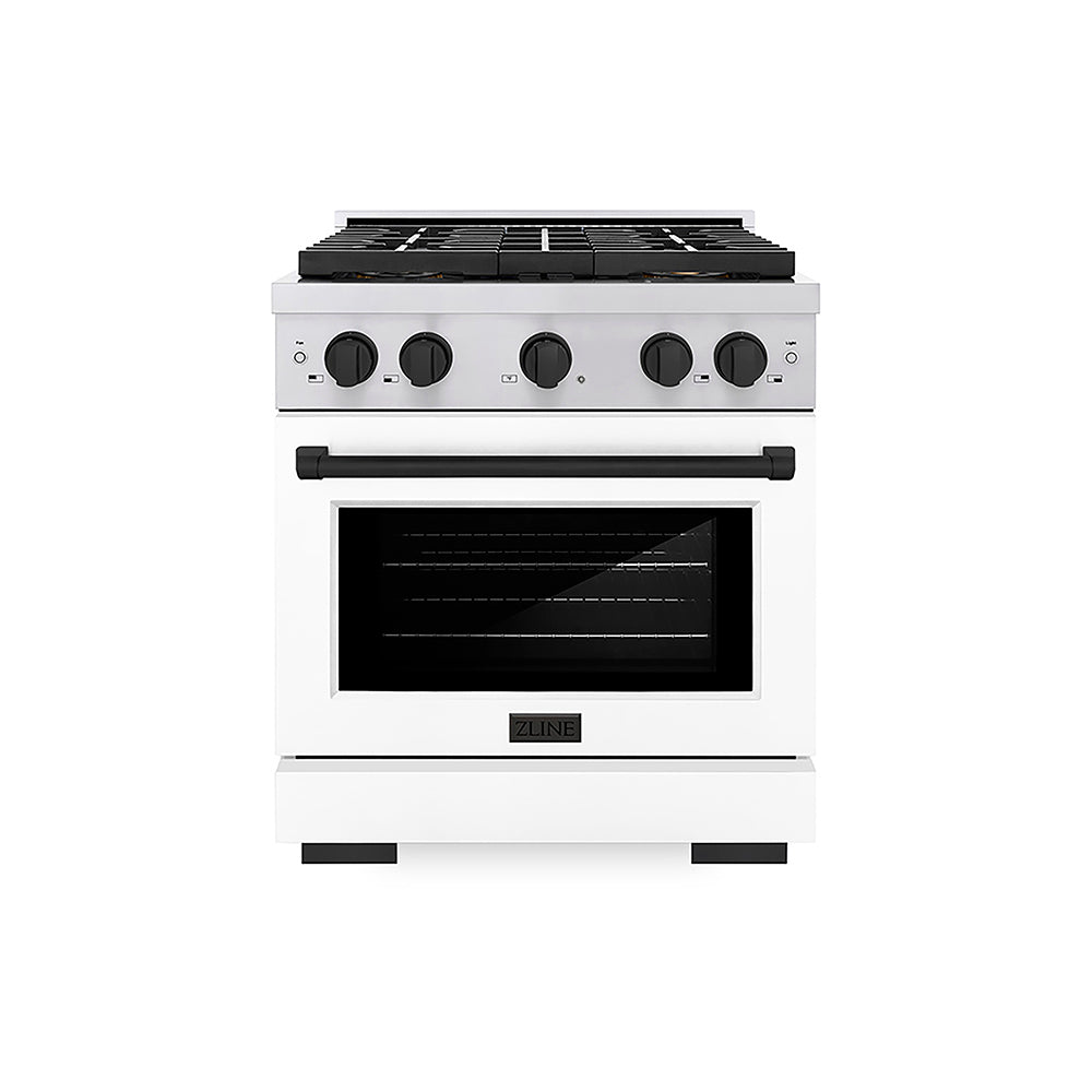 ZLINE Autograph Edition 30 in. 4.2 cu. ft. Paramount Dual Fuel Range with 4 Burner DuoPro™ Cooktop and Electric Convection Oven in Stainless Steel with White Matte Door and Matte Black Accents (PSDRZ-WM-30-MB)