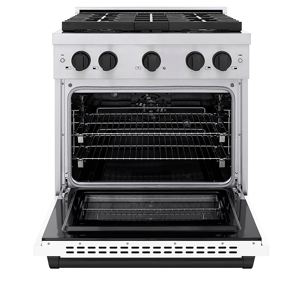 ZLINE Autograph Edition 30 in. 4.2 cu. ft. Paramount Dual Fuel Range with 4 Burner DuoPro™ Cooktop and Electric Convection Oven in Stainless Steel with White Matte Door and Matte Black Accents (PSDRZ-WM-30-MB) front, oven open.
