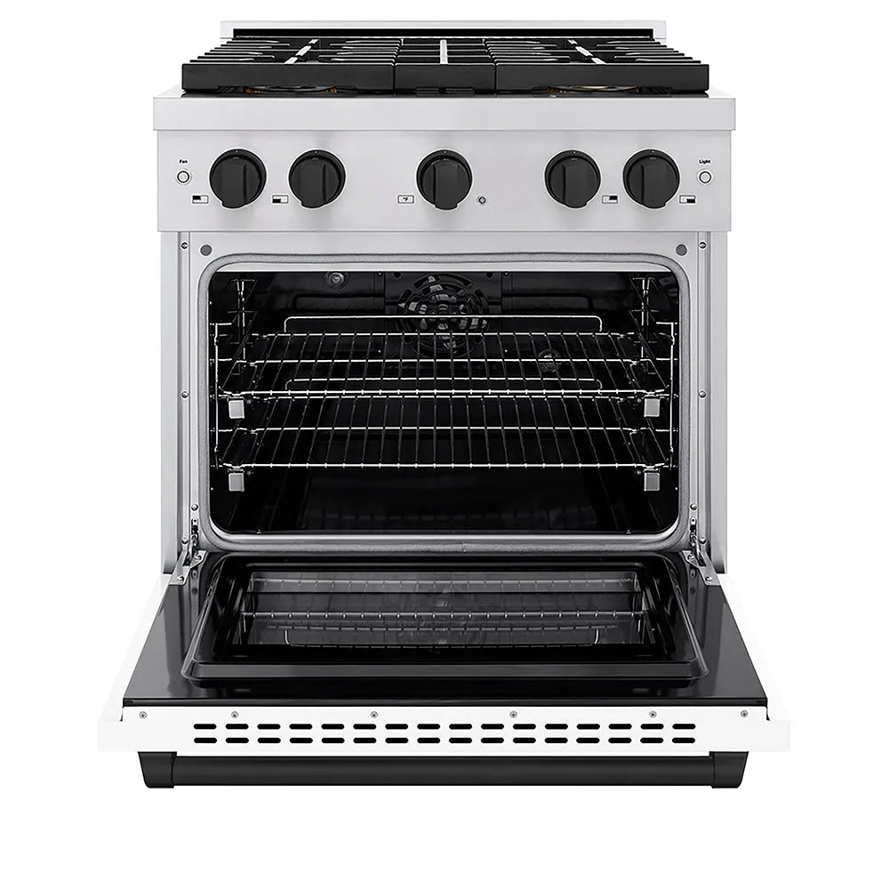 ZLINE Autograph Edition 30 in. 4.2 cu. ft. Paramount Dual Fuel Range with 4 Burner DuoPro™ Cooktop and Electric Convection Oven in Stainless Steel with White Matte Door and Matte Black Accents (PSDRZ-WM-30-MB) front, oven open.
