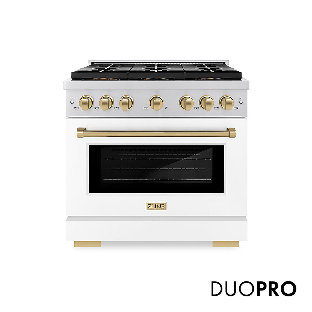 ZLINE Autograph Edition 36 in. 5.2 cu. ft. Paramount Dual Fuel Range with 6 Burner DuoPro™ Cooktop and Electric Convection Oven with White Matte Door and Champagne Bronze Accents (PSDRZ-WM-36-CB) front, with DuoPro™ logo.