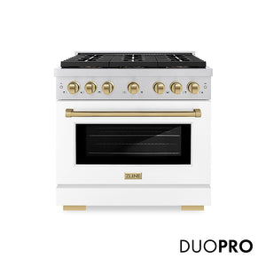 ZLINE Autograph Edition 36 in. 5.2 cu. ft. Paramount Dual Fuel Range with 6 Burner DuoPro™ Cooktop and Electric Convection Oven with White Matte Door and Champagne Bronze Accents (PSDRZ-WM-36-CB) front, with DuoPro™ logo.