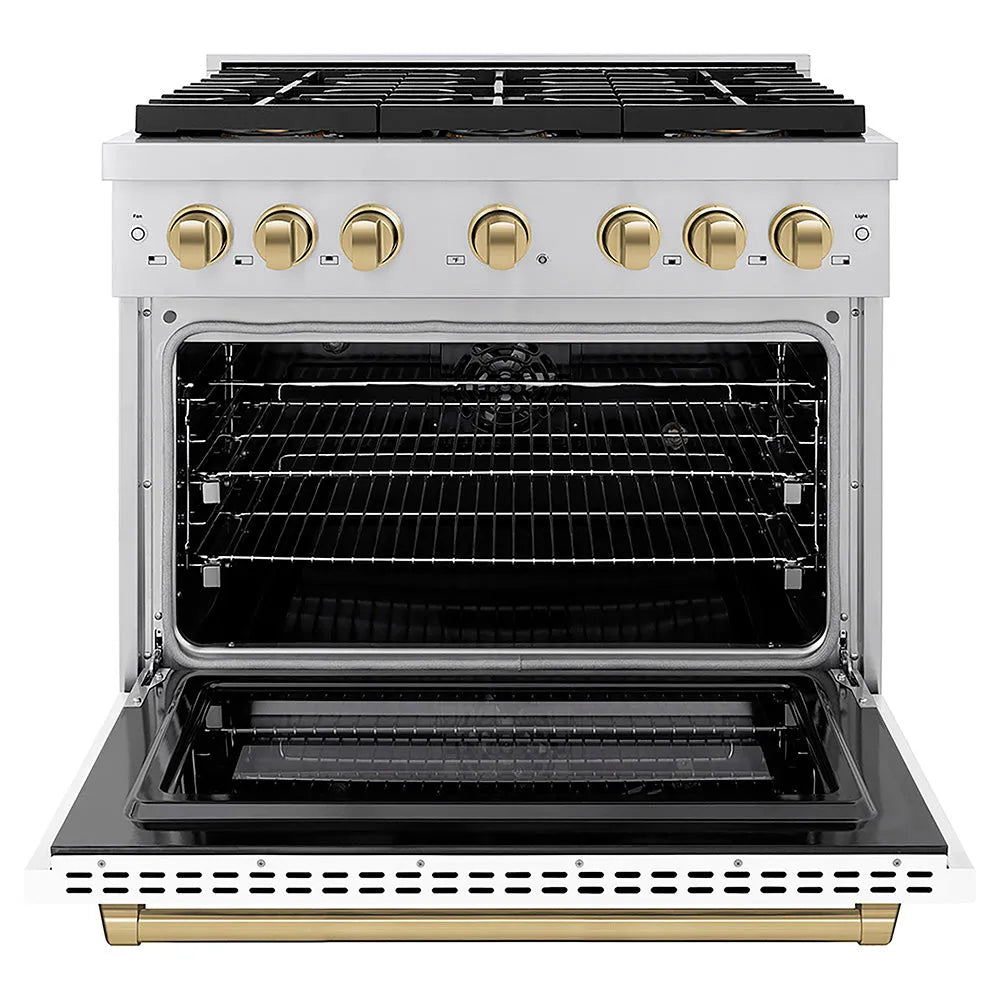 ZLINE Autograph Edition 36 in. 5.2 cu. ft. Paramount Dual Fuel Range with 6 Burner DuoPro™ Cooktop and Electric Convection Oven with White Matte Door and Champagne Bronze Accents (PSDRZ-WM-36-CB) front, oven open.