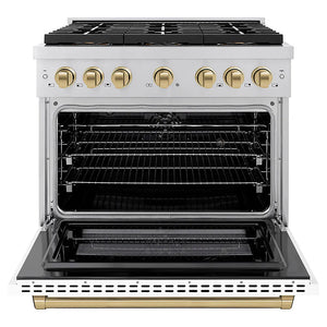 ZLINE Autograph Edition 36 in. 5.2 cu. ft. Paramount Dual Fuel Range with 6 Burner DuoPro™ Cooktop and Electric Convection Oven with White Matte Door and Champagne Bronze Accents (PSDRZ-WM-36-CB) front, oven open.