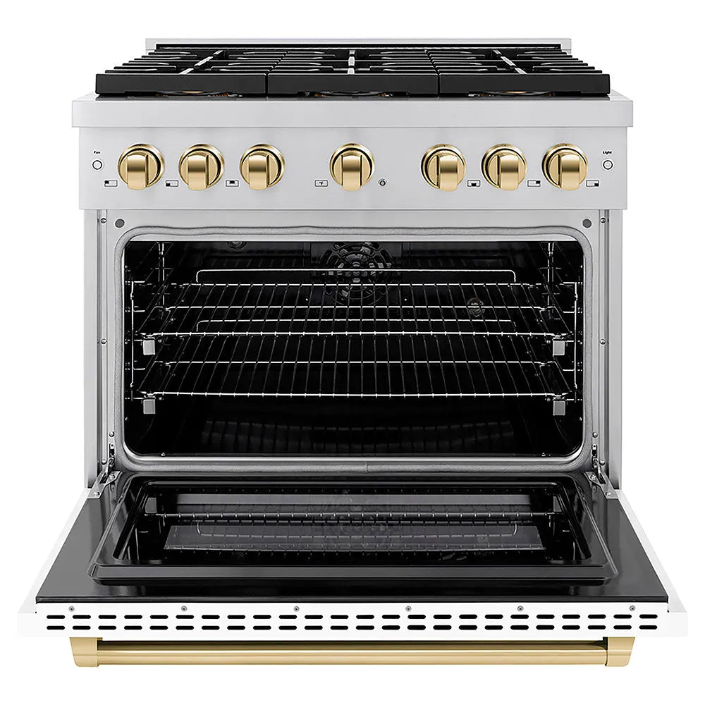 ZLINE Autograph Edition 36 in. 5.2 cu. ft. Paramount Dual Fuel Range with 6 Burner DuoPro™ Cooktop and Electric Convection Oven with White Matte Door and Polished Gold Accents (PSDRZ-WM-36-G) front, oven open.