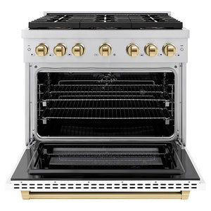 ZLINE Autograph Edition 36 in. 5.2 cu. ft. Paramount Dual Fuel Range with 6 Burner DuoPro™ Cooktop and Electric Convection Oven with White Matte Door and Polished Gold Accents (PSDRZ-WM-36-G) front, oven open.