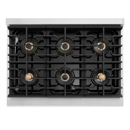 ZLINE Autograph Edition 36 in. 5.2 cu. ft. Paramount Dual Fuel Range with 6 Burner DuoPro™ Cooktop and Electric Convection Oven with White Matte Door and Polished Gold Accents (PSDRZ-WM-36-G) top-down, above cooktop.