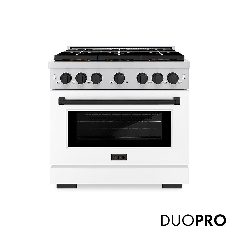 ZLINE Autograph Edition 36 in. 5.2 cu. ft. Paramount Dual Fuel Range with 6 Burner DuoPro™ Cooktop and Electric Convection Oven with White Matte Door and Matte Black Accents (PSDRZ-WM-36-MB) front, with DuoPro™ logo.