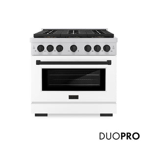 ZLINE Autograph Edition 36 in. 5.2 cu. ft. Paramount Dual Fuel Range with 6 Burner DuoPro™ Cooktop and Electric Convection Oven with White Matte Door and Matte Black Accents (PSDRZ-WM-36-MB) front, with DuoPro™ logo.