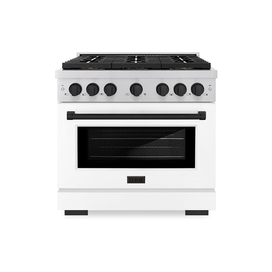 ZLINE Autograph Edition 36 in. 5.2 cu. ft. Paramount Dual Fuel Range with 6 Burner DuoPro™ Cooktop and Electric Convection Oven with White Matte Door and Matte Black Accents (PSDRZ-WM-36-MB)
