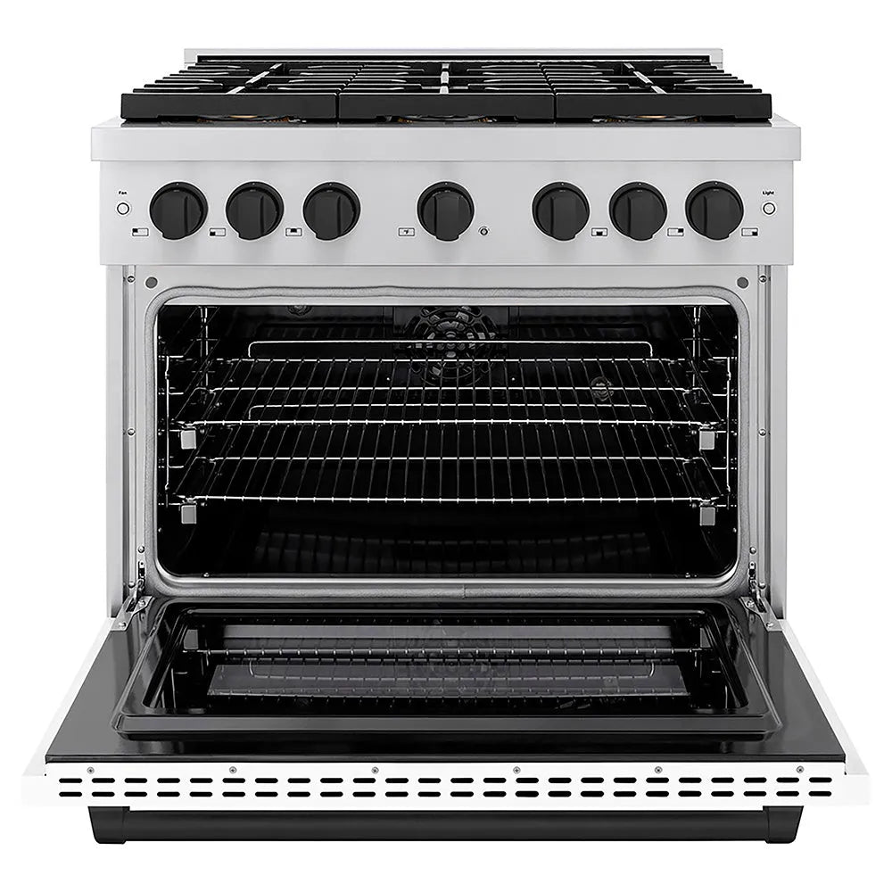 ZLINE Autograph Edition 36 in. 5.2 cu. ft. Paramount Dual Fuel Range with 6 Burner DuoPro™ Cooktop and Electric Convection Oven with White Matte Door and Matte Black Accents (PSDRZ-WM-36-MB) front, oven open.