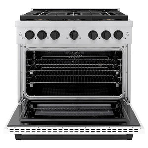 ZLINE Autograph Edition 36 in. 5.2 cu. ft. Paramount Dual Fuel Range with 6 Burner DuoPro™ Cooktop and Electric Convection Oven with White Matte Door and Matte Black Accents (PSDRZ-WM-36-MB) front, oven open.
