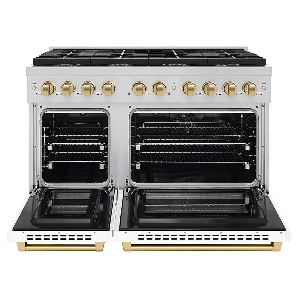 ZLINE Autograph Edition 48 in. 6.7 cu. ft. Paramount Dual Fuel Range with 8 Burner DuoPro™ Cooktop and Dual Ovens with White Matte Doors and Champagne Bronze Accents (PSDRZ-WM-48-CB) front, oven open.