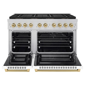 ZLINE Autograph Edition 48 in. 6.7 cu. ft. Paramount Dual Fuel Range with 8 Burner DuoPro™ Cooktop and Dual Ovens with White Matte Doors and Champagne Bronze Accents (PSDRZ-WM-48-CB) front, oven open.