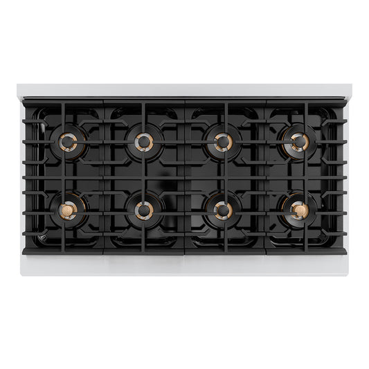 ZLINE Autograph Edition 48 in. 6.7 cu. ft. Paramount Dual Fuel Range with 8 Burner DuoPro™ Cooktop and Dual Ovens with White Matte Doors and Champagne Bronze Accents (PSDRZ-WM-48-CB) top-down, above cooktop.